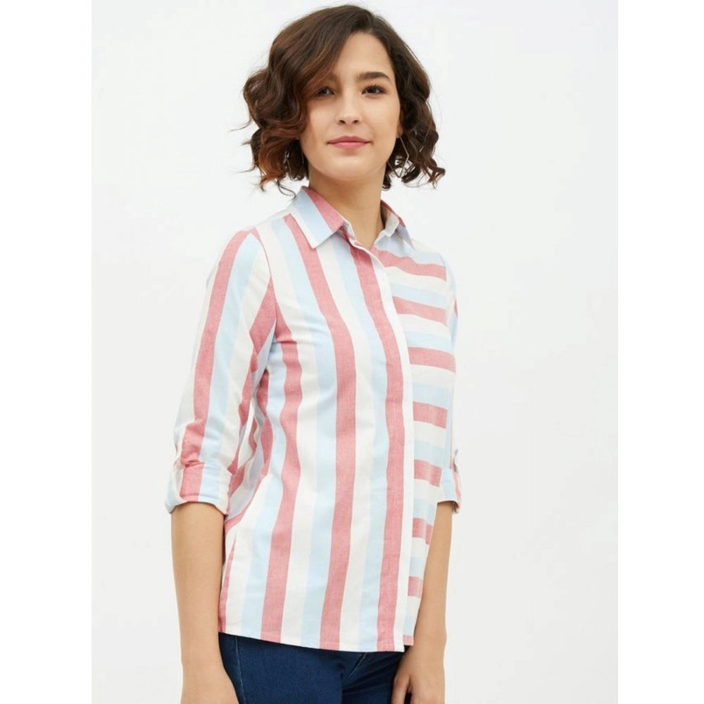 Amfyn Women's Cotton Striped Long Sleeves Standard Length Shirt (Pink)