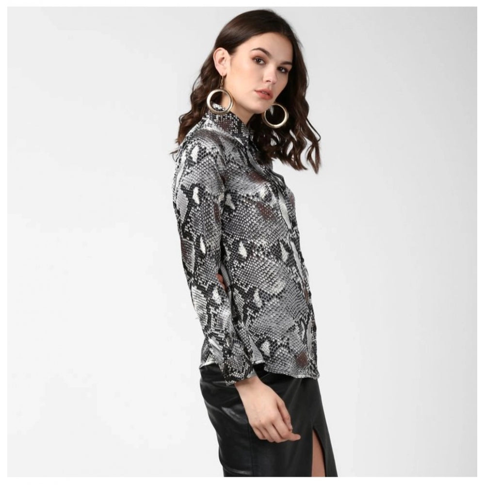 Amfyn Women's Satin Animal Print Long Sleeves Standard Length Shirt (Black - Grey)