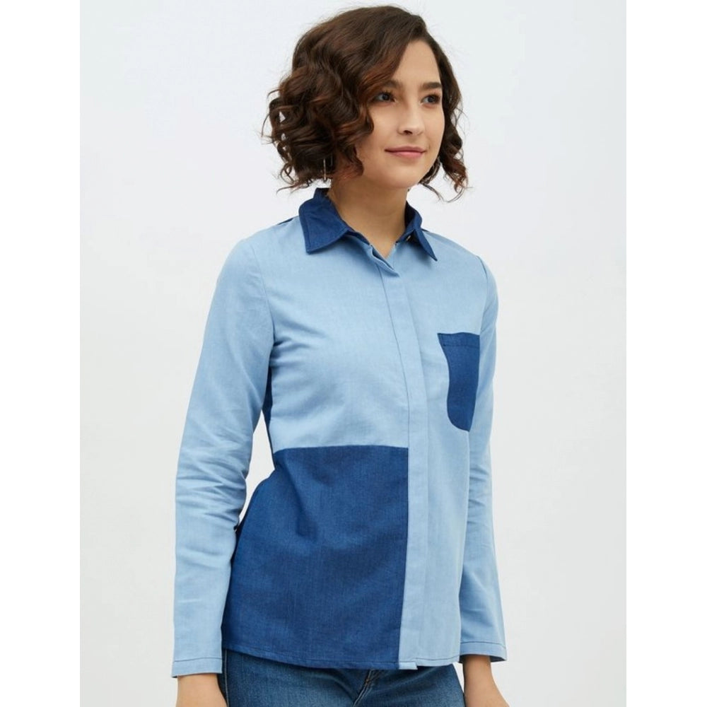 Amfyn Women's Denim Patch Work Long Sleeves Standard Length Shirt (Blue)