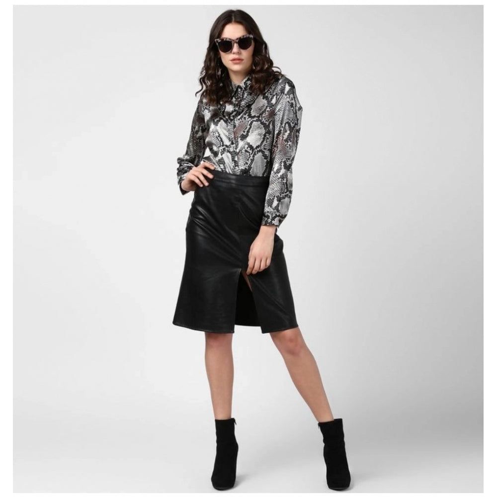 Amfyn Women's Satin Animal Print Long Sleeves Standard Length Shirt (Black - Grey)