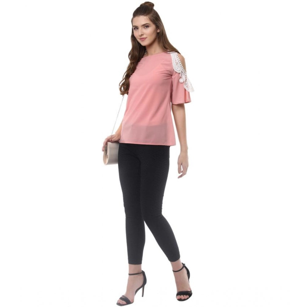 Amfyn Women's Polyester Lace Inserts Half Sleeve Top (Pink)