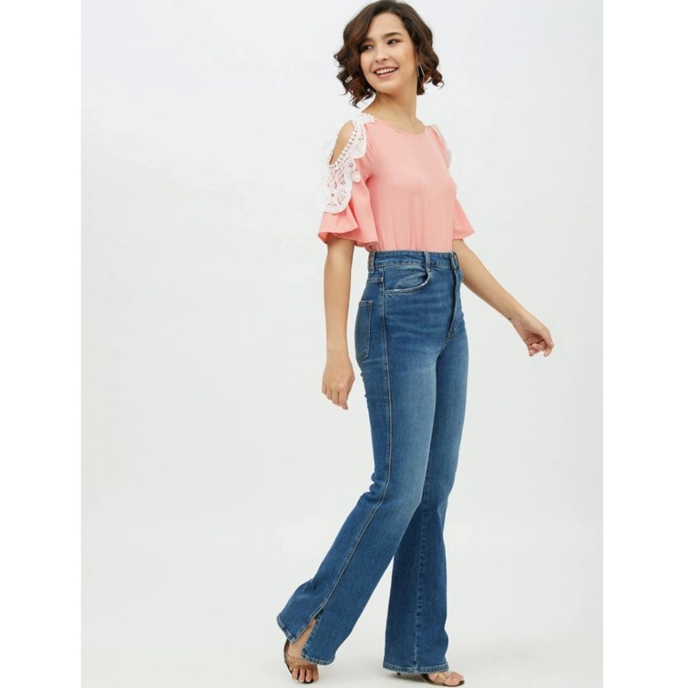 Amfyn Women's Polyester Lace Inserts Cold Shoulder Top (Pink)