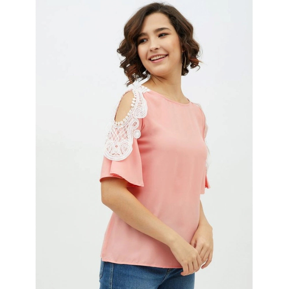 Amfyn Women's Polyester Lace Inserts Cold Shoulder Top (Pink)