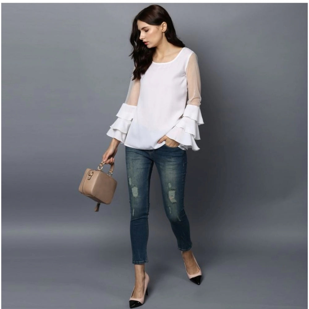 Amfyn Women's Polyester Solid Tier Sleeve Top (White)