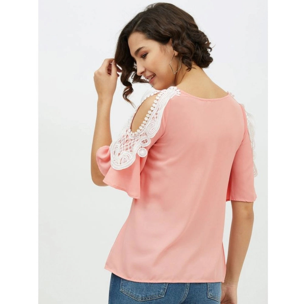 Amfyn Women's Polyester Lace Inserts Cold Shoulder Top (Pink)