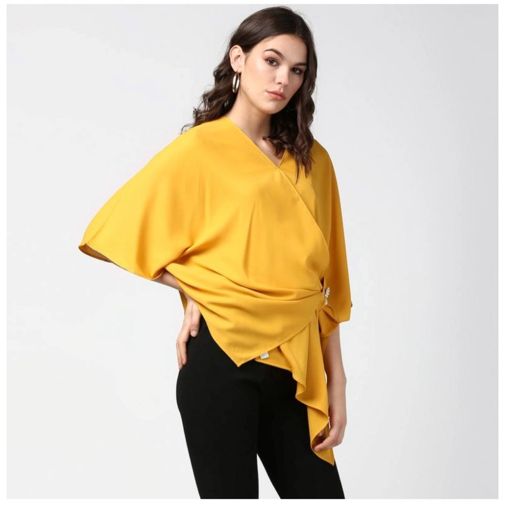 Amfyn Women's Polyester Solid Cape Sleeve Top (Yellow)