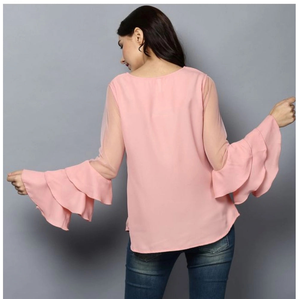 Amfyn Women's Polyester Solid Tier Sleeve Top (Pink)