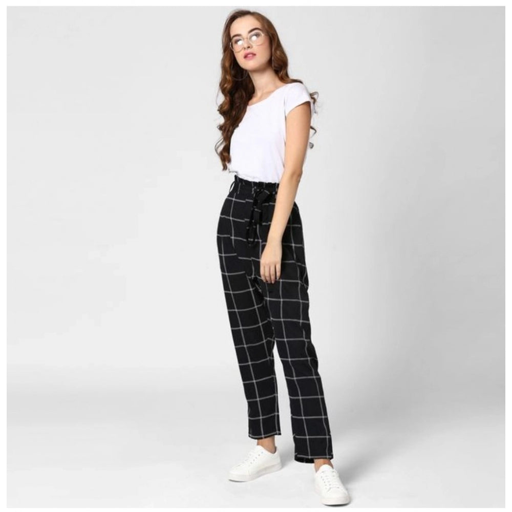 Amfyn Women's Polyester Checkered Elasticated Trousers (Black - White)
