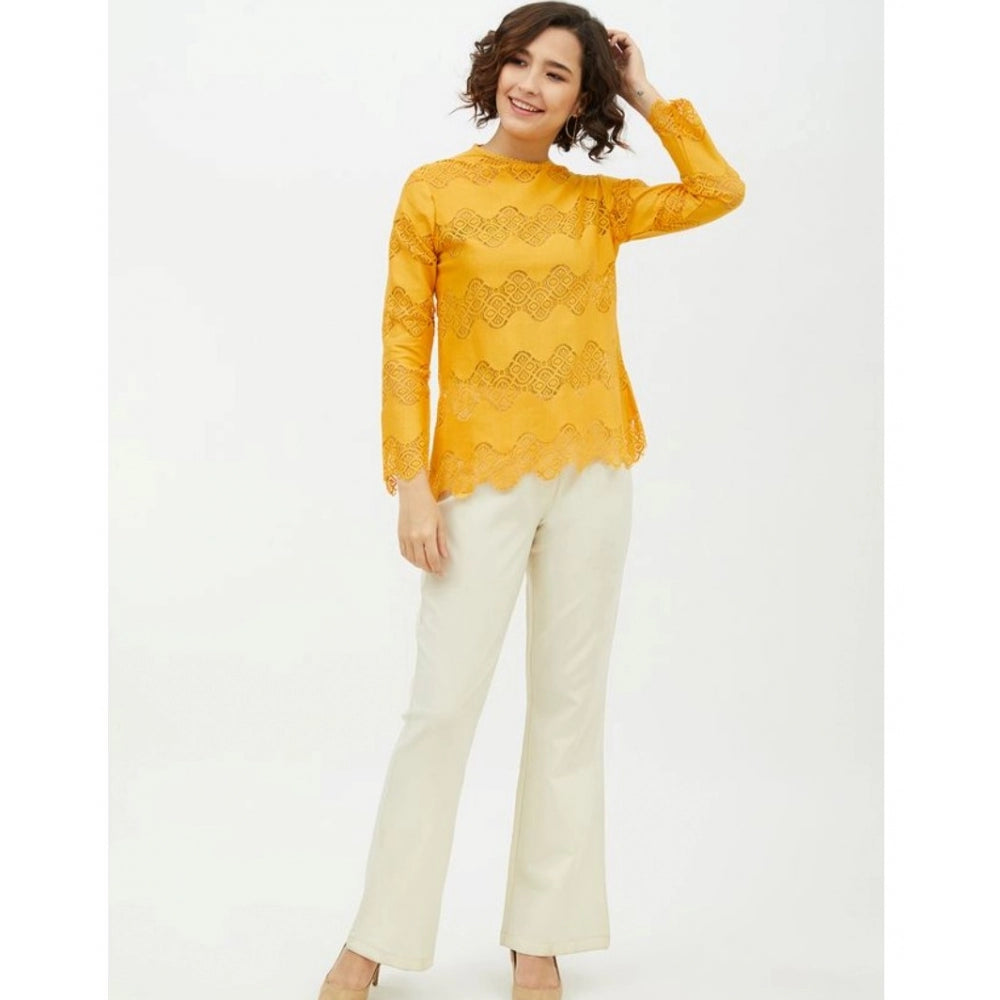Amfyn Women's Cotton Lace Inserts Long Sleeves Top (Yellow)