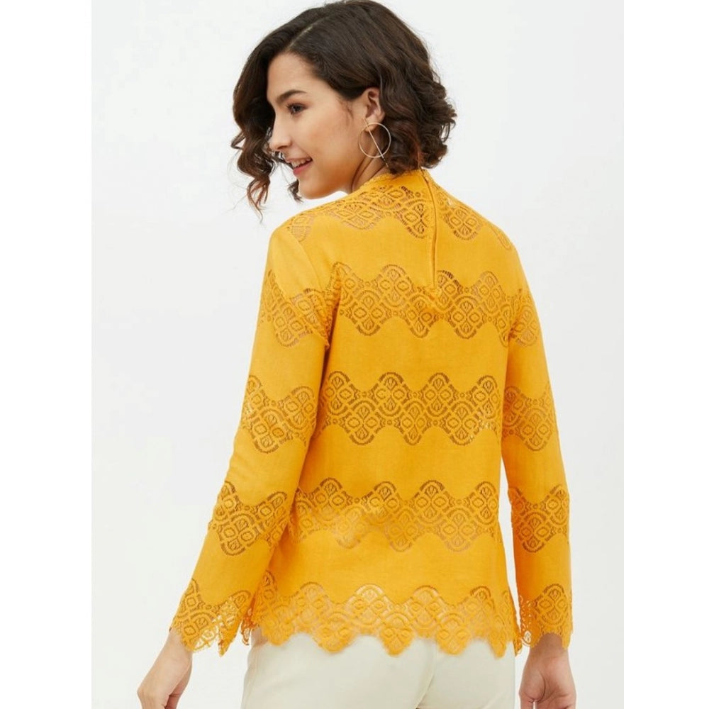 Amfyn Women's Cotton Lace Inserts Long Sleeves Top (Yellow)