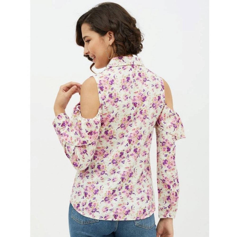 Amfyn Women's Polyester Floral Cold Shoulder Standard Length Shirt (White)