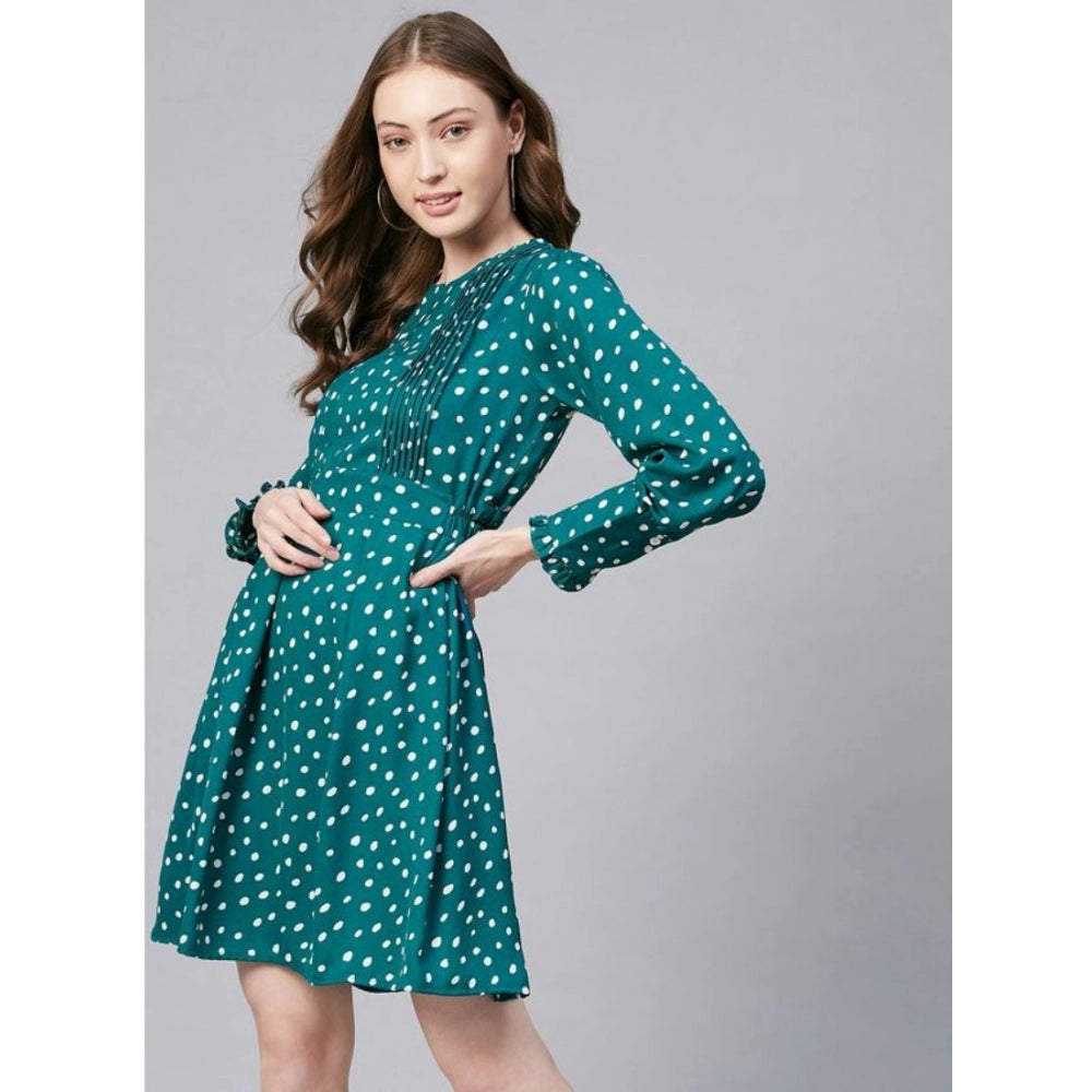 Amfyn Women's Polyester Polka Long Sleeves Above Knee Dress (Green - White)