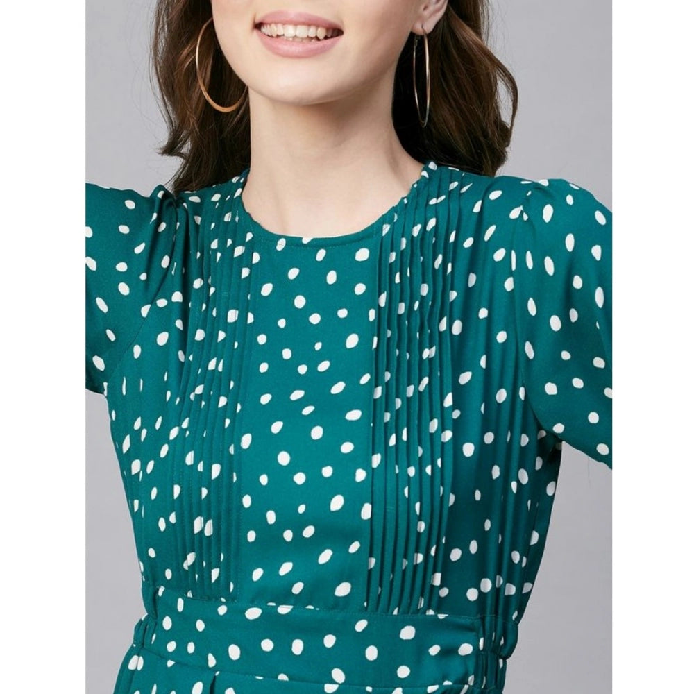 Amfyn Women's Polyester Polka Long Sleeves Above Knee Dress (Green - White)