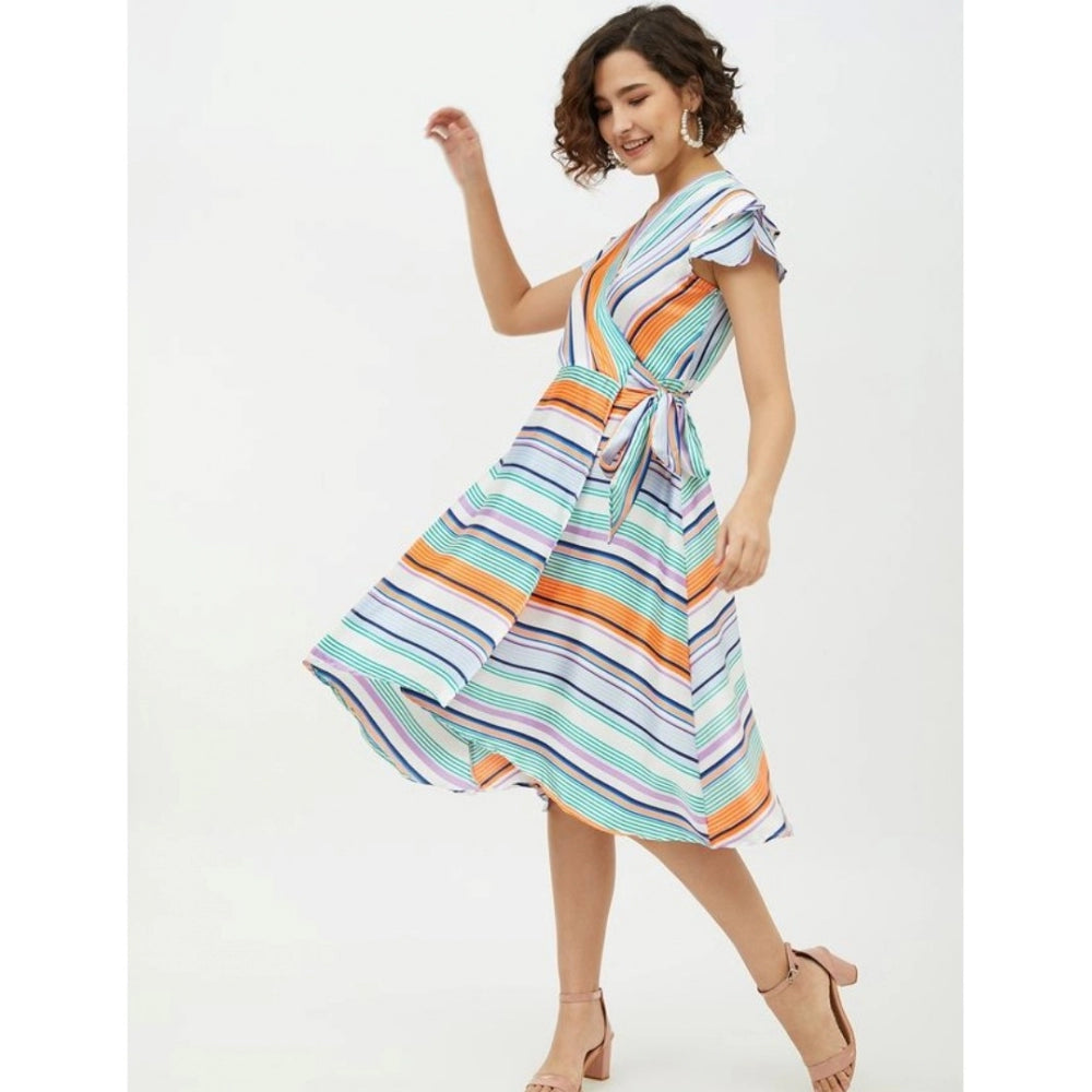 Amfyn Women's Satin Striped Short Sleeve Knee-Length Dress (Multicolor)