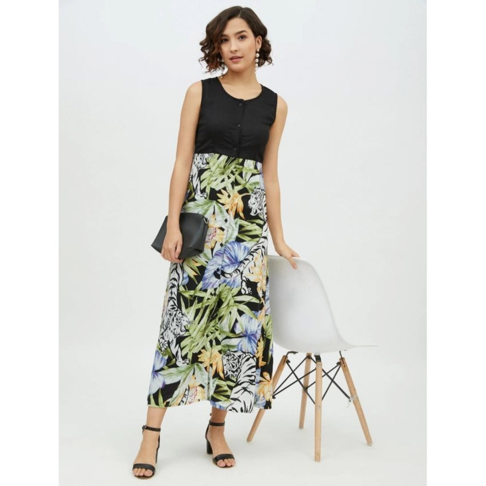Amfyn Women's Rayon Floral Sleeveless Calf-length Dress (Multicolor)