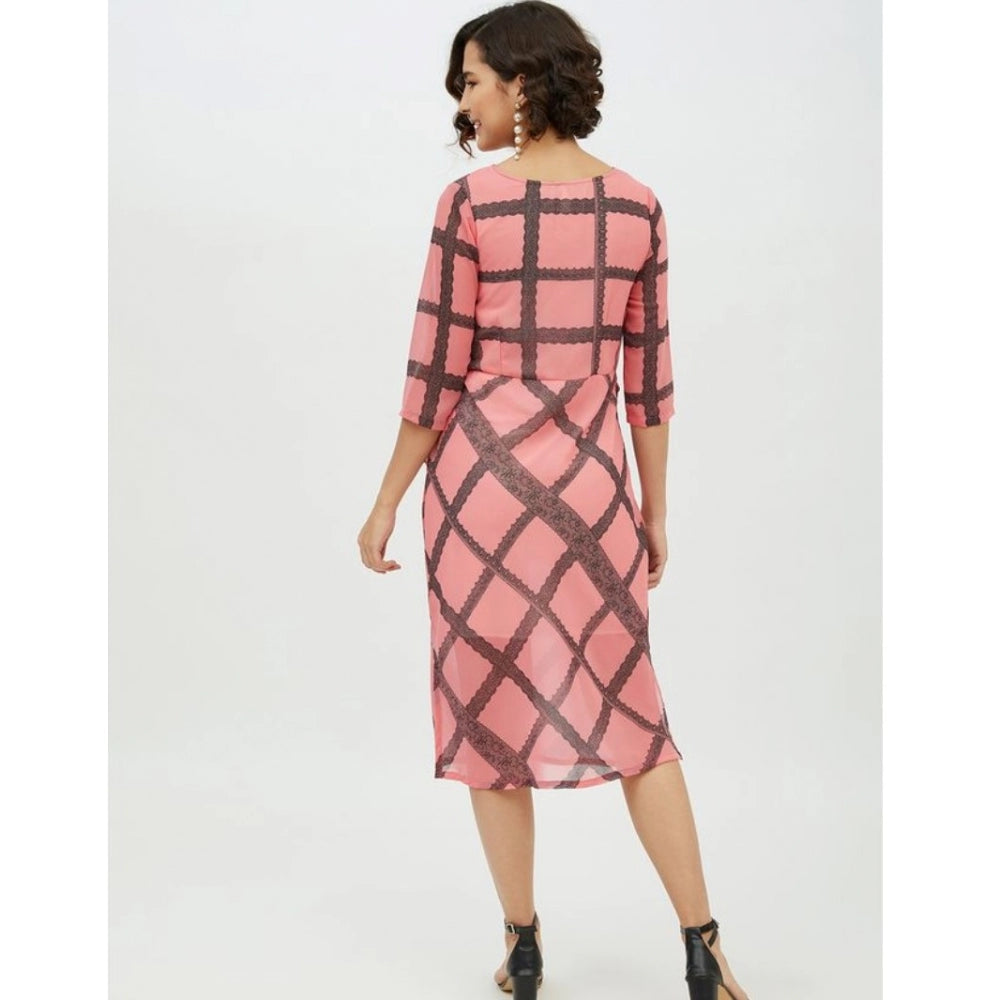 Amfyn Women's Polyester Checkered 3-4th Sleeves Below Knee Dress (Pink)