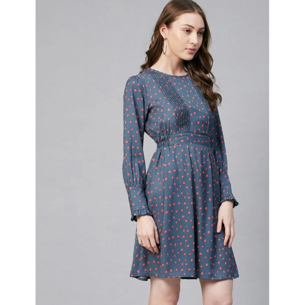 Amfyn Women's Polyester Polka Long Sleeves Above Knee Dress (Grey - Coral)