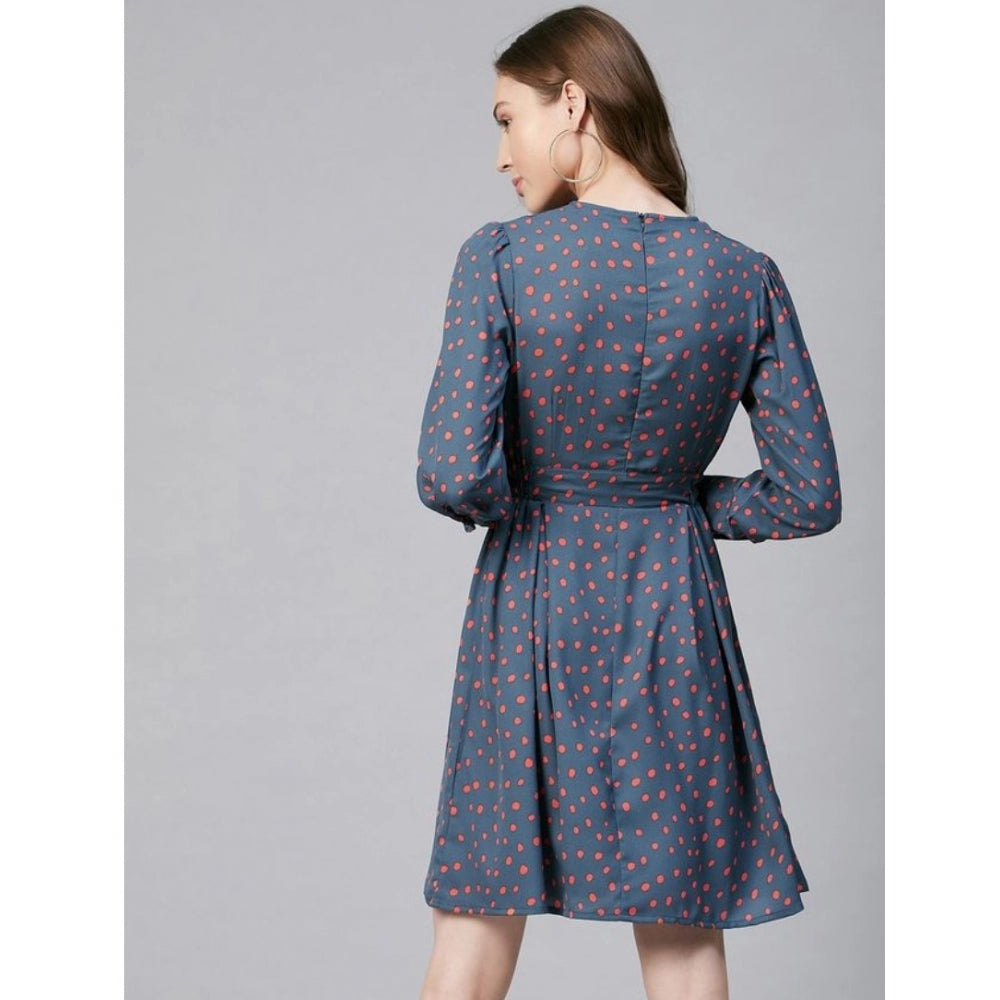 Amfyn Women's Polyester Polka Long Sleeves Above Knee Dress (Grey - Coral)