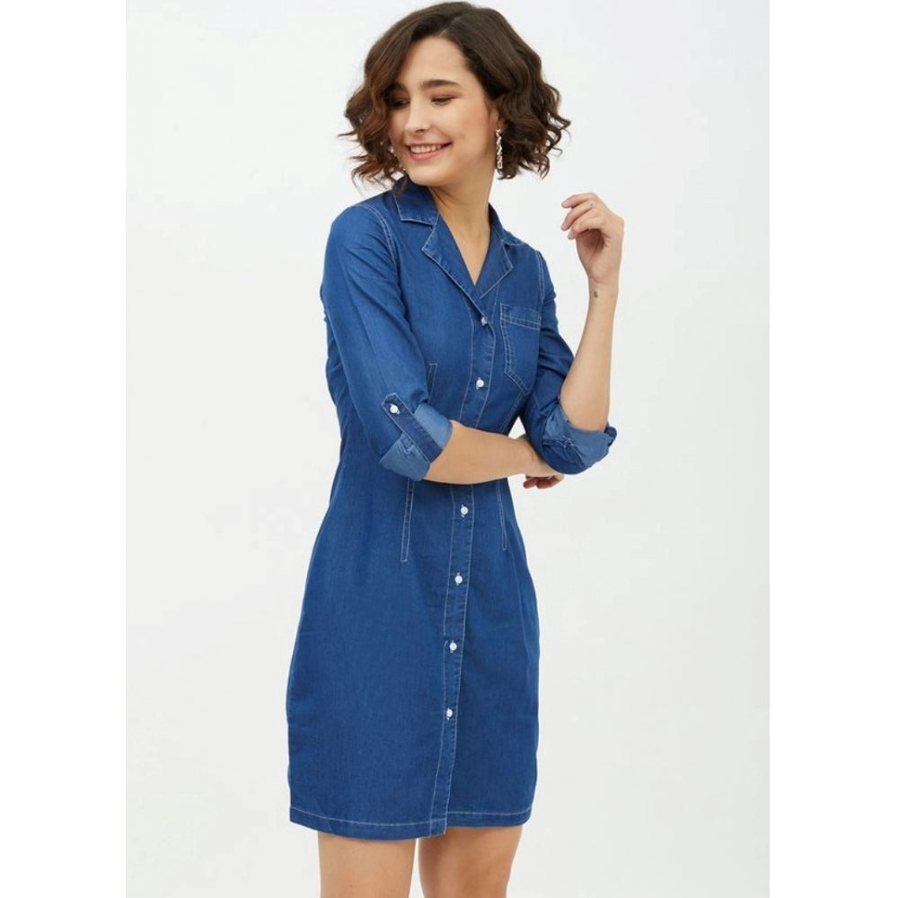 Amfyn Women's Denim Solid Long Sleeves Above Knee Dress (Blue)