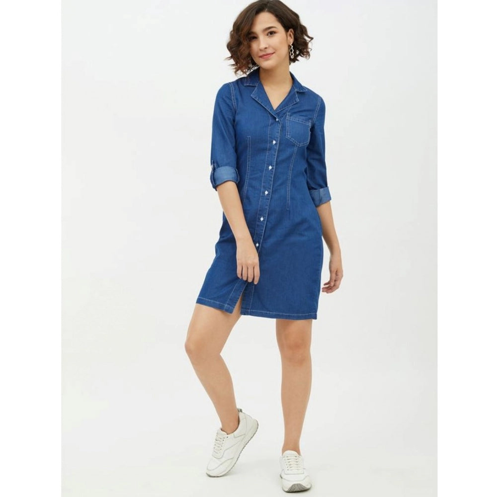 Amfyn Women's Denim Solid Long Sleeves Above Knee Dress (Blue)