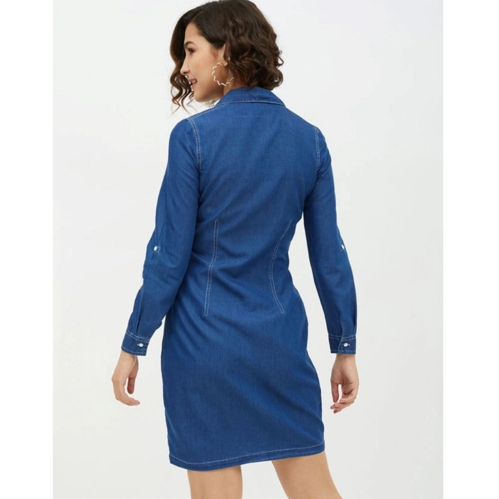 Amfyn Women's Denim Solid Long Sleeves Above Knee Dress (Blue)