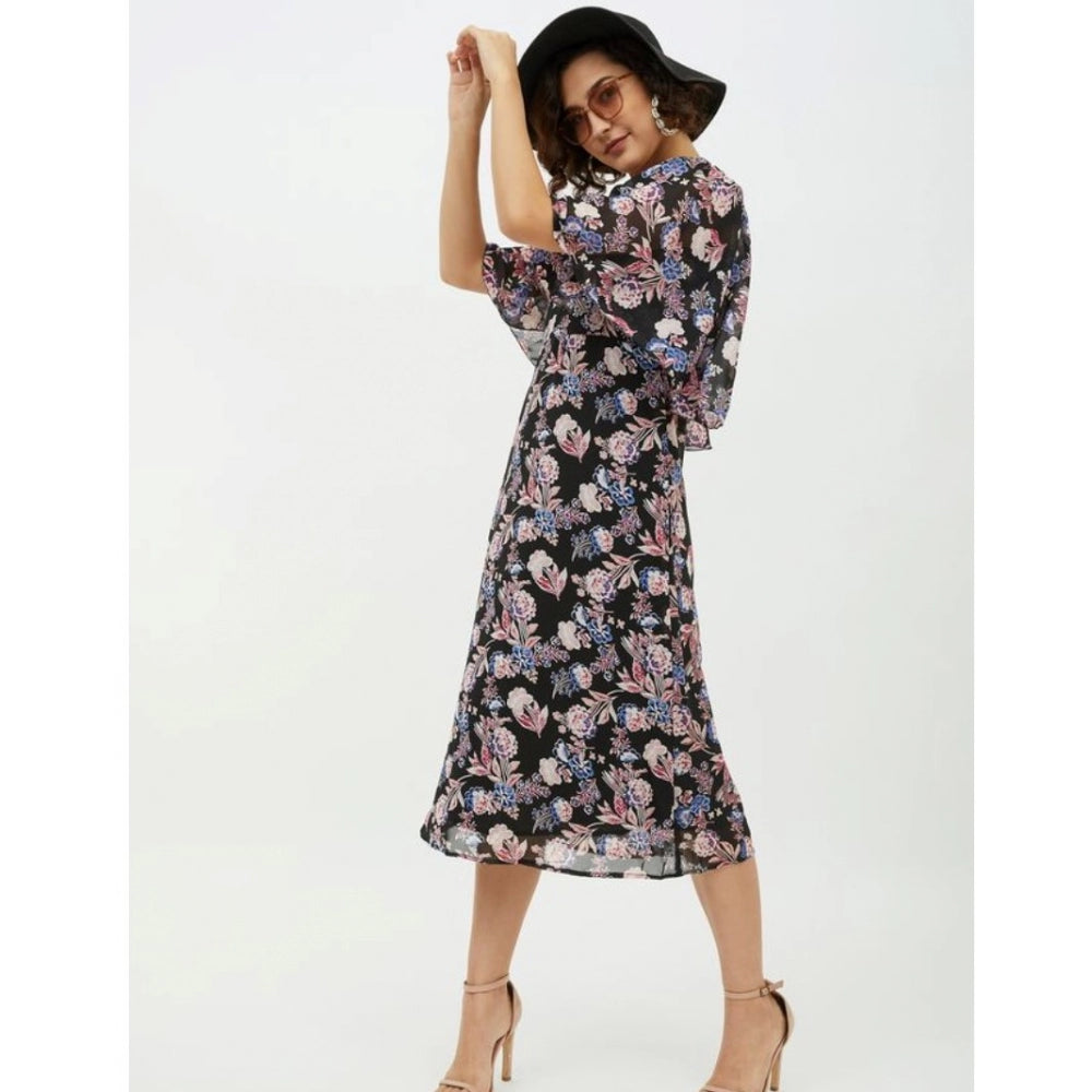 Amfyn Women's Polyester Chain Print Cap Sleeve Calf-length Dress (Multicolor)