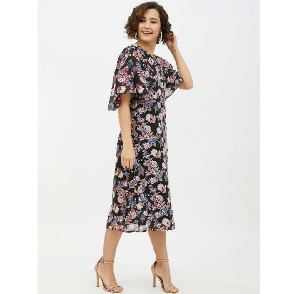 Amfyn Women's Polyester Chain Print Cap Sleeve Calf-length Dress (Multicolor)