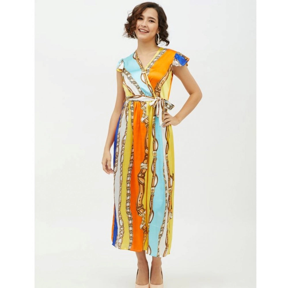 Amfyn Women's Satin Chain Print Cap Sleeve Calf-length Dress (Multicolor)