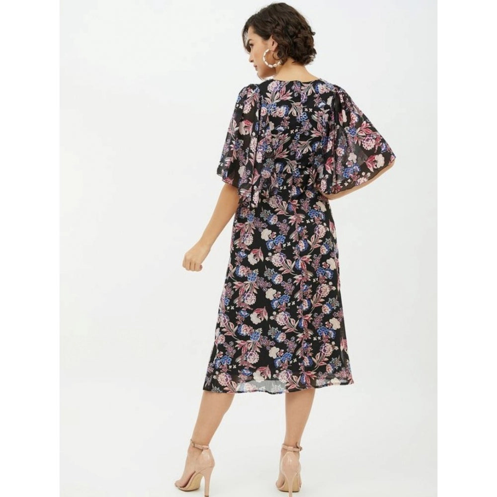 Amfyn Women's Polyester Chain Print Cap Sleeve Calf-length Dress (Multicolor)