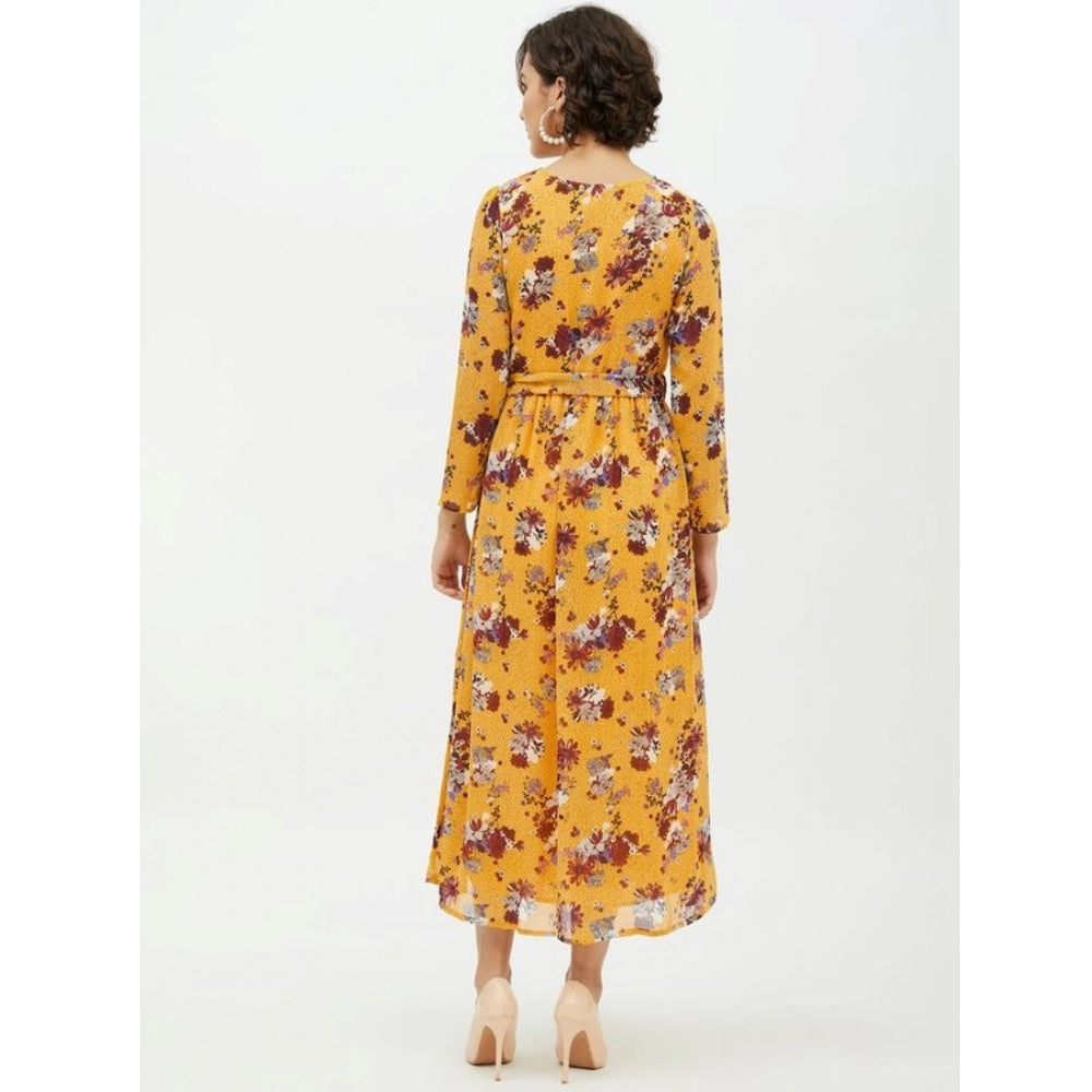 Amfyn Women's Polyester Floral Long Sleeves Calf-length Dress (Multicolor)