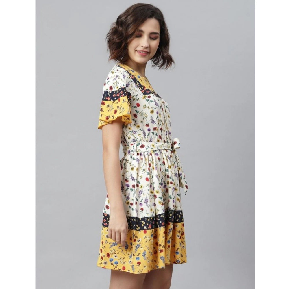 Amfyn Women's Polyester Floral Flutter Above Knee Dress (Multicolor)