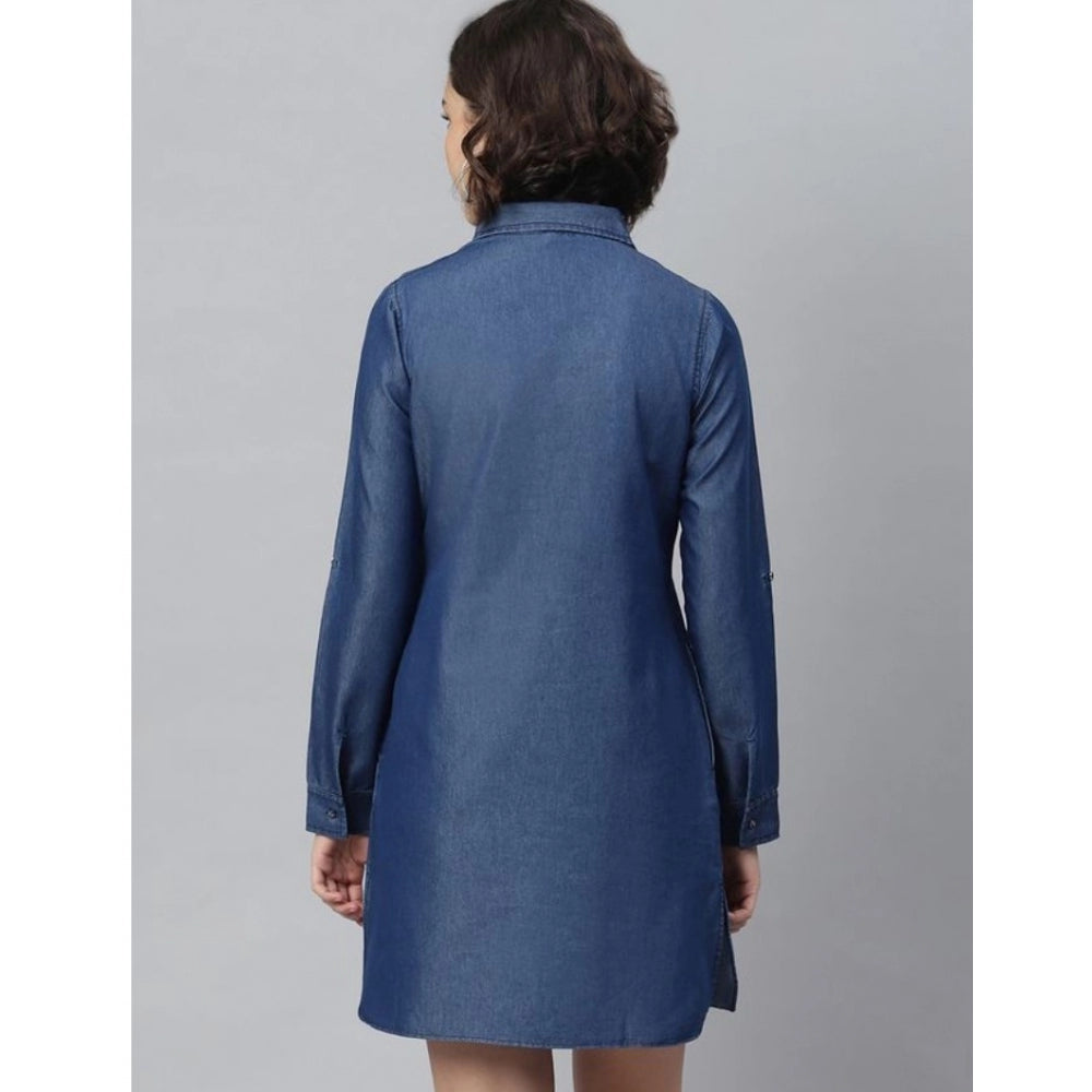 Amfyn Women's Denim Solid Long Sleeves Above Knee Dress (Navy Blue)