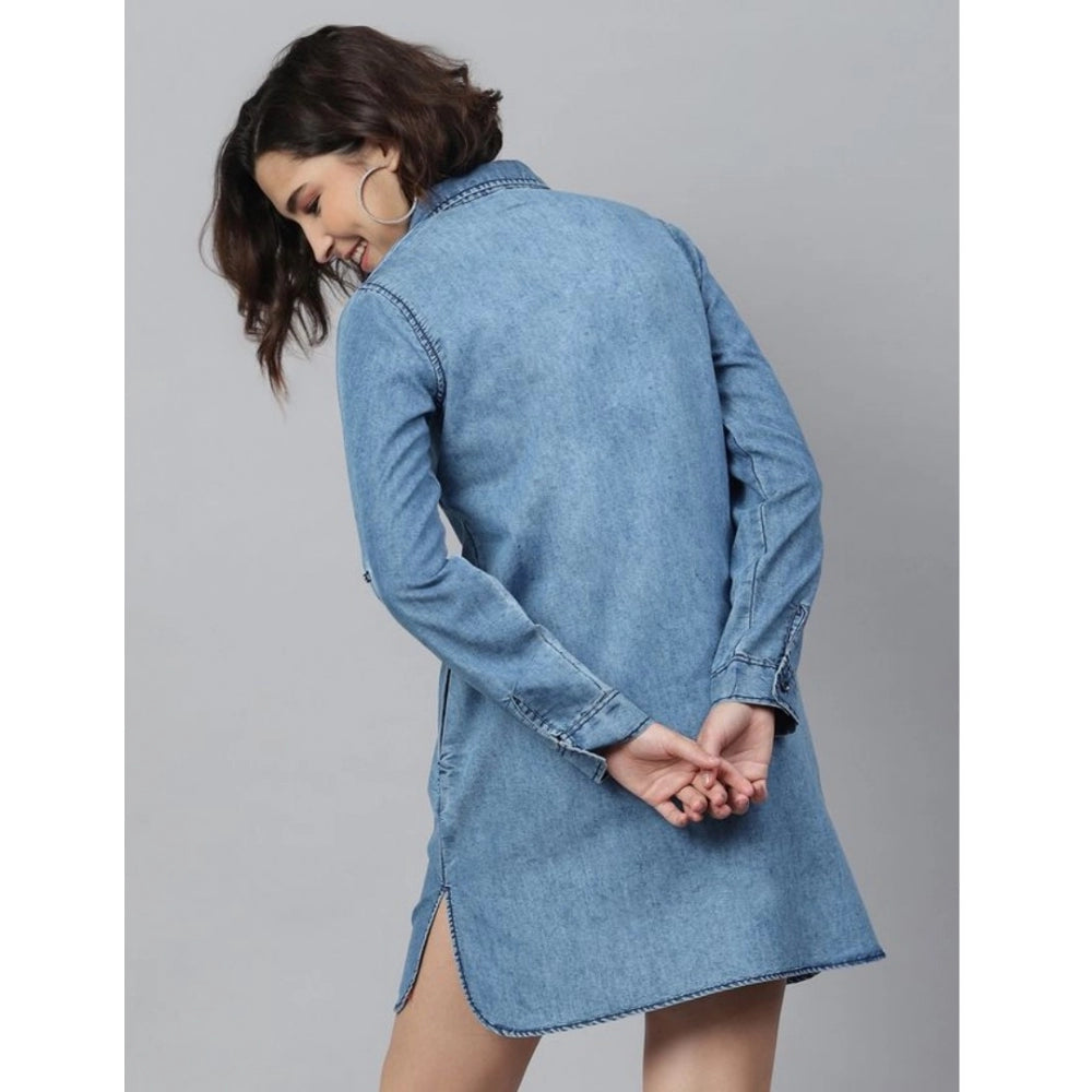 Amfyn Women's Denim Solid Long Sleeves Above Knee Dress (Ice Blue)