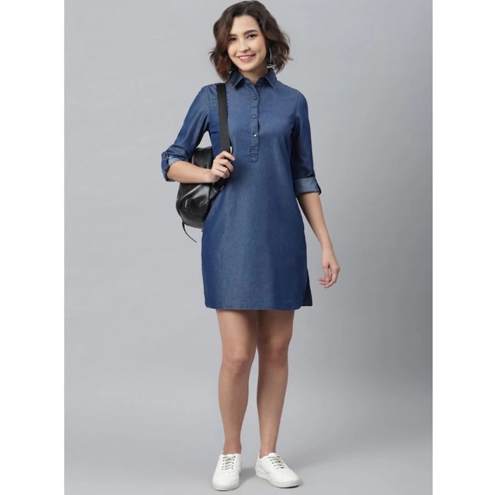 Amfyn Women's Denim Solid Long Sleeves Above Knee Dress (Navy Blue)
