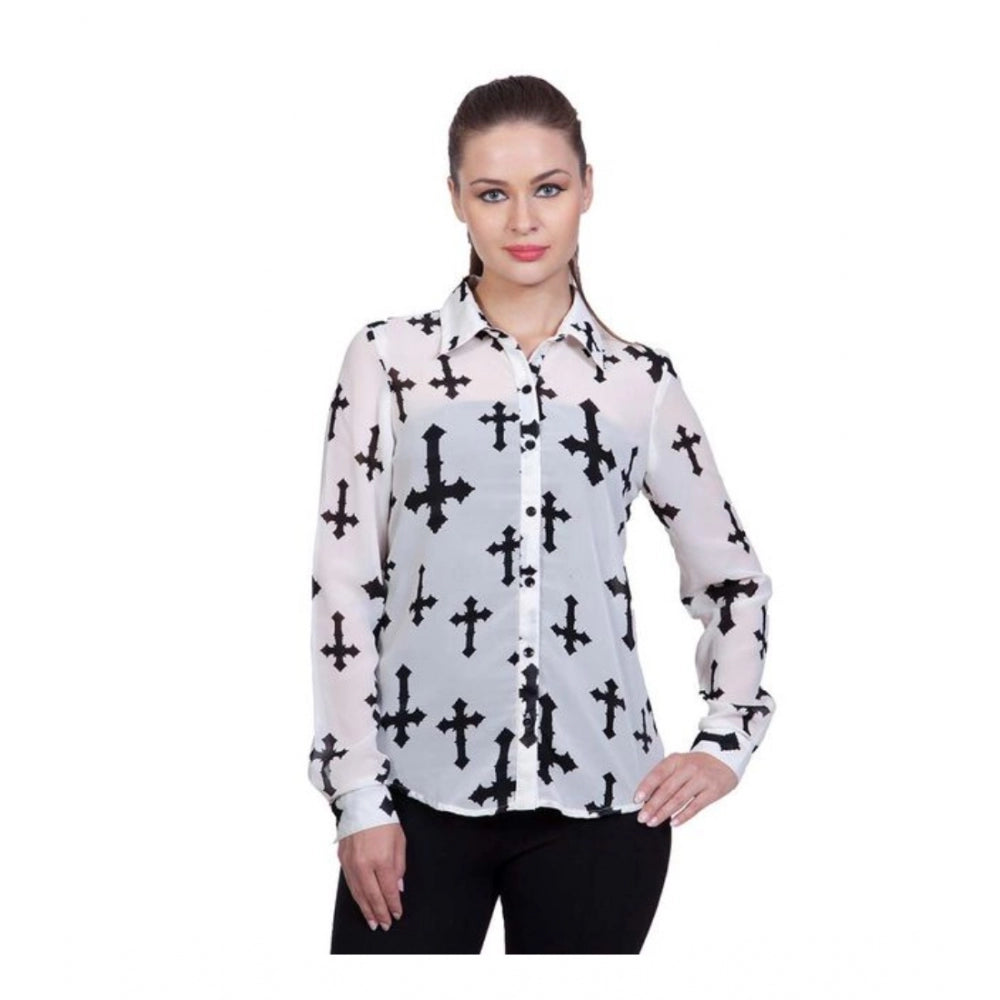 Amfyn Women's Polyester Printed Long Sleeves Standard Length Shirt (White)