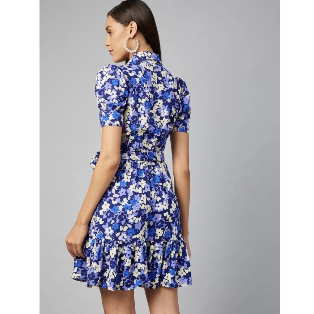 Amfyn Women's Polyester Floral Short Sleeve Above Knee Dress (Blue - Purple)