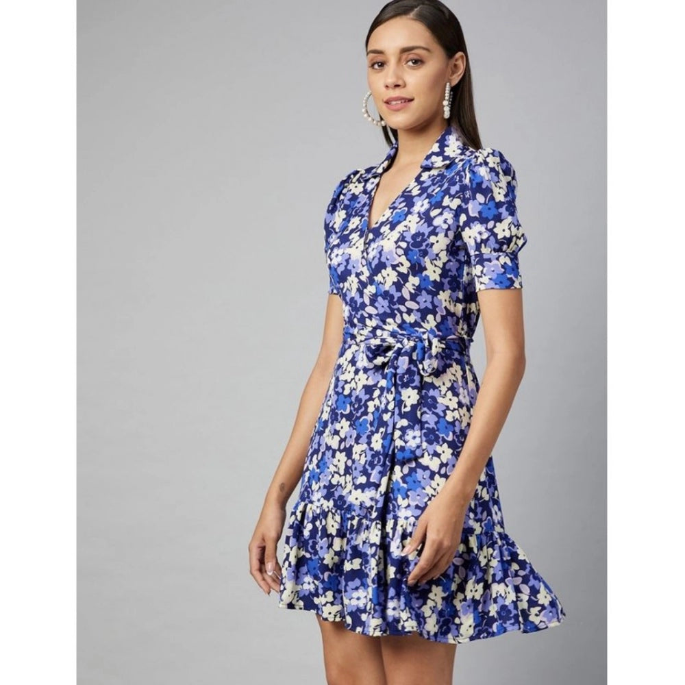 Amfyn Women's Polyester Floral Short Sleeve Above Knee Dress (Blue - Purple)