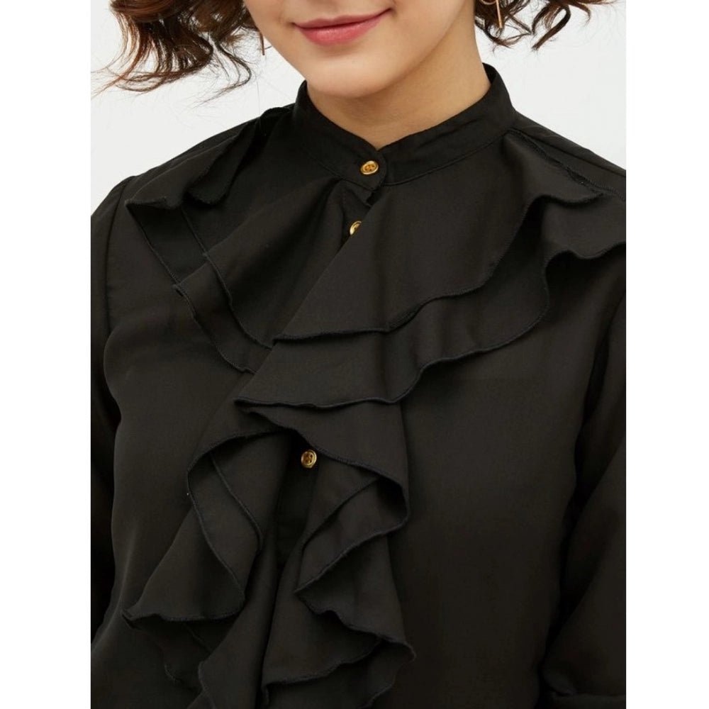 Amfyn Women's Polyester Ruffled Long Sleeves Standard Length Shirt (Black)