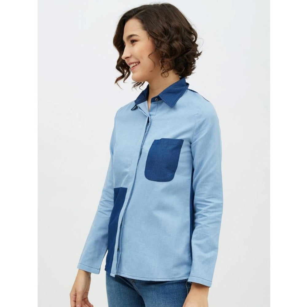 Amfyn Women's Denim Patch Work Long Sleeves Standard Length Shirt (Blue)