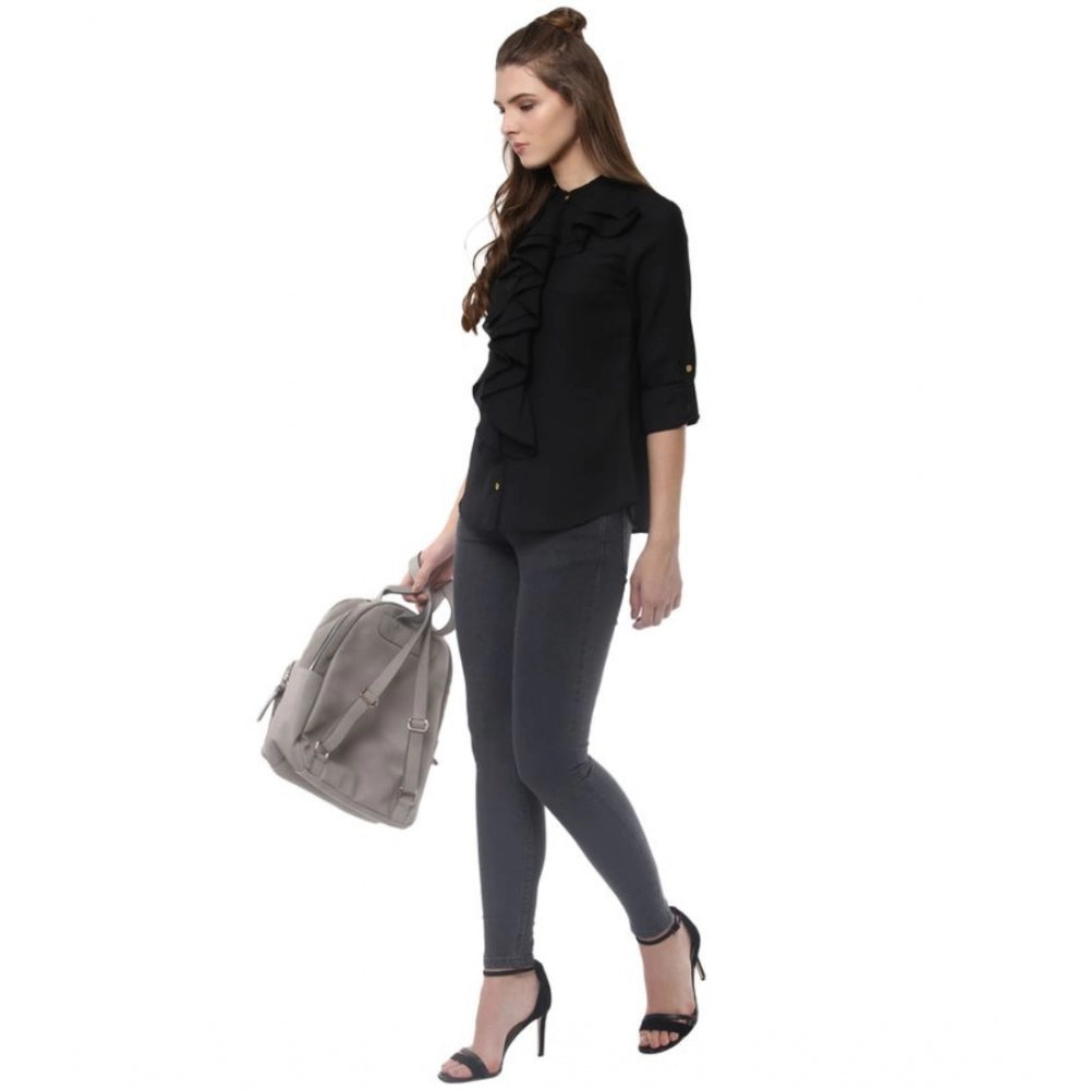 Amfyn Women's Polyester Ruffled Long Sleeves Top (Black)