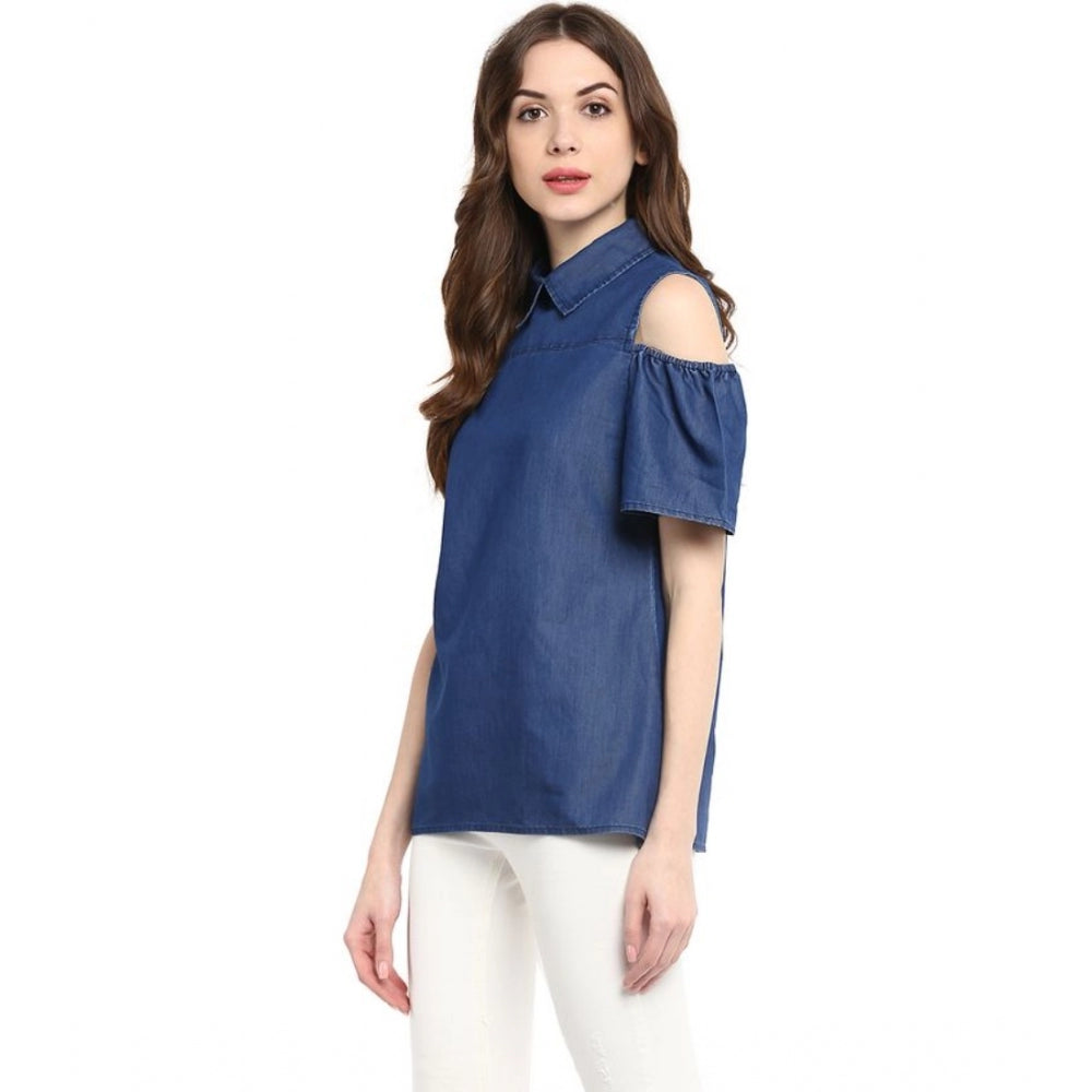 Amfyn Women's Denim Solid Cold Shoulder Regular Top (Blue)