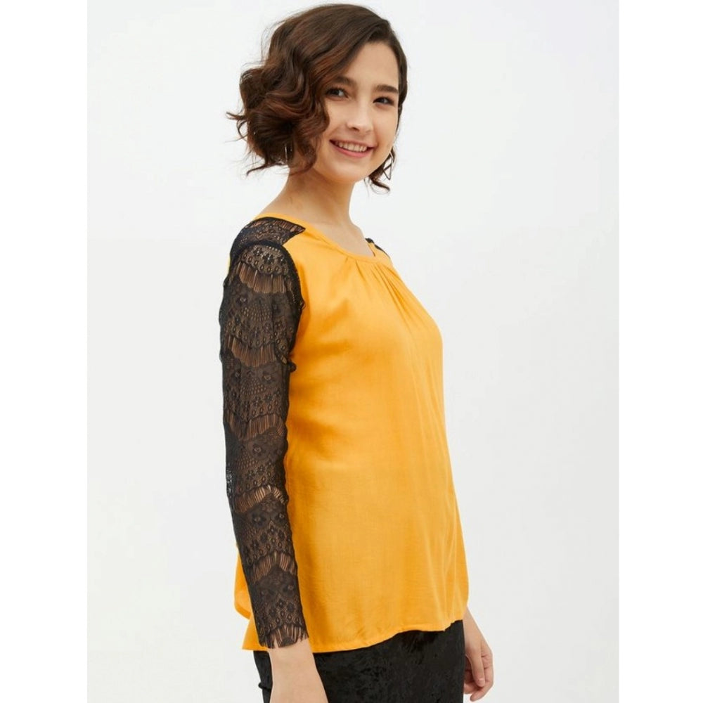 Amfyn Women's Rayon Lace Inserts Long Sleeves Top (Yellow)