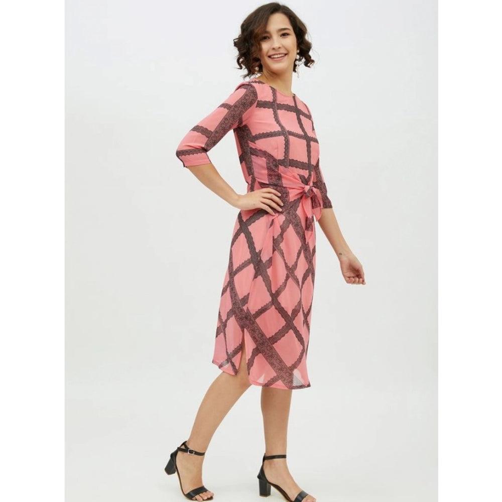 Amfyn Women's Polyester Checkered 3-4th Sleeves Below Knee Dress (Pink)