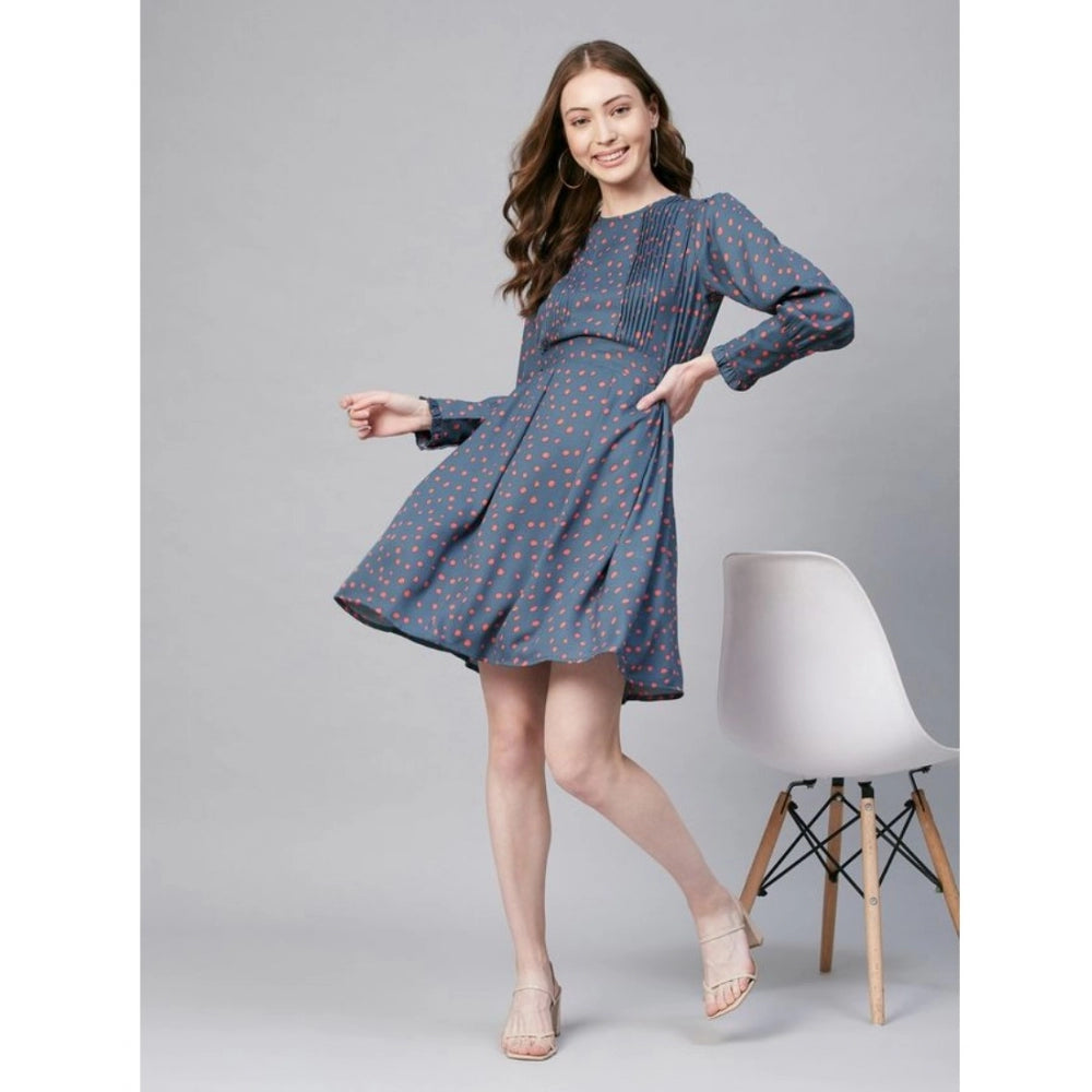 Amfyn Women's Polyester Polka Long Sleeves Above Knee Dress (Grey - Coral)