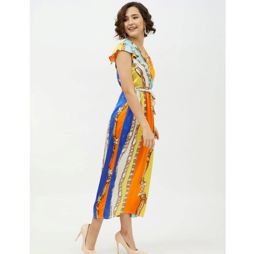 Amfyn Women's Satin Chain Print Cap Sleeve Calf-length Dress (Multicolor)