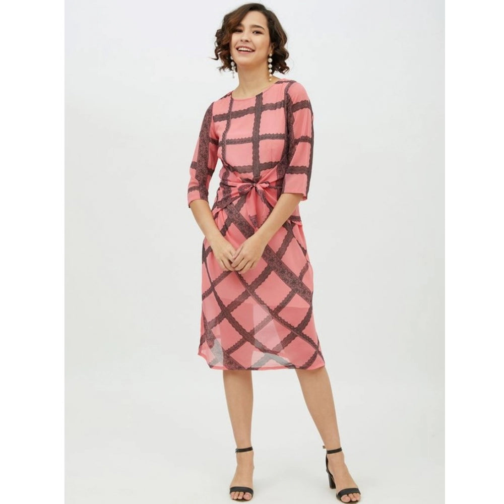 Amfyn Women's Polyester Checkered 3-4th Sleeves Below Knee Dress (Pink)