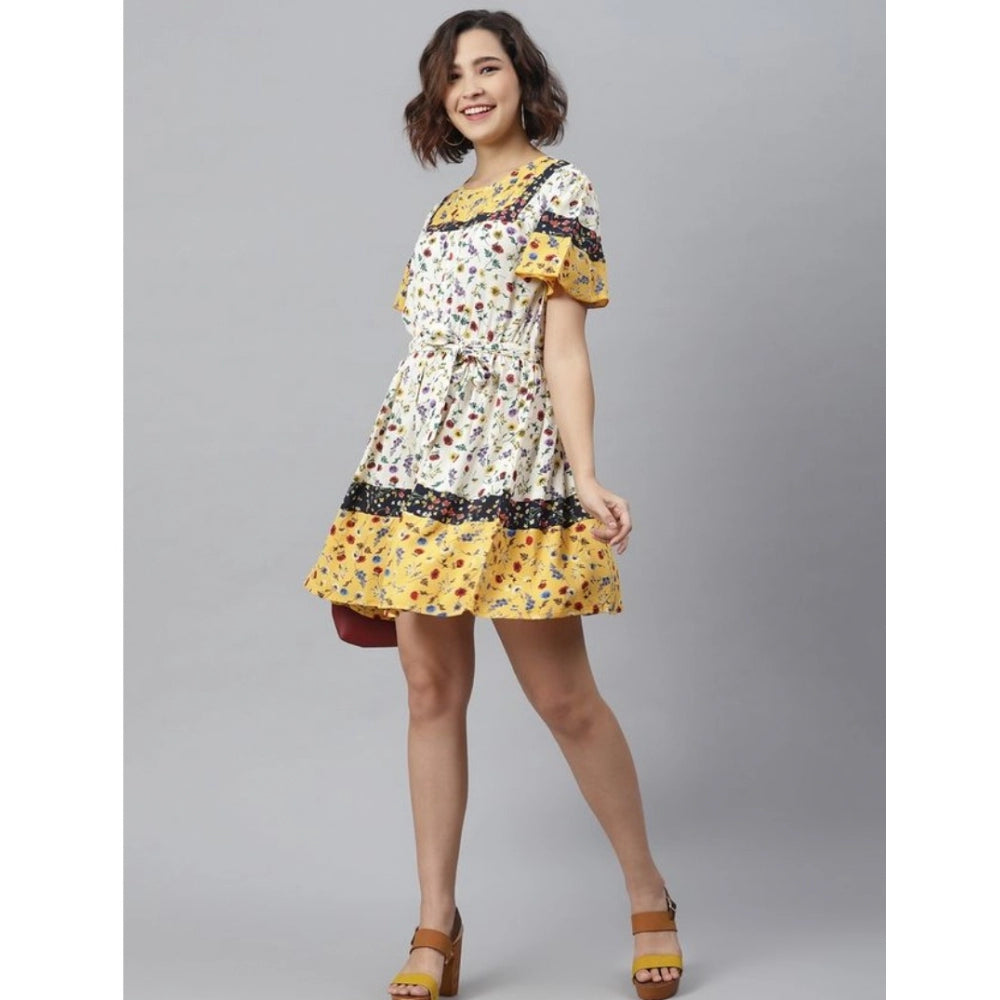 Amfyn Women's Polyester Floral Flutter Above Knee Dress (Multicolor)