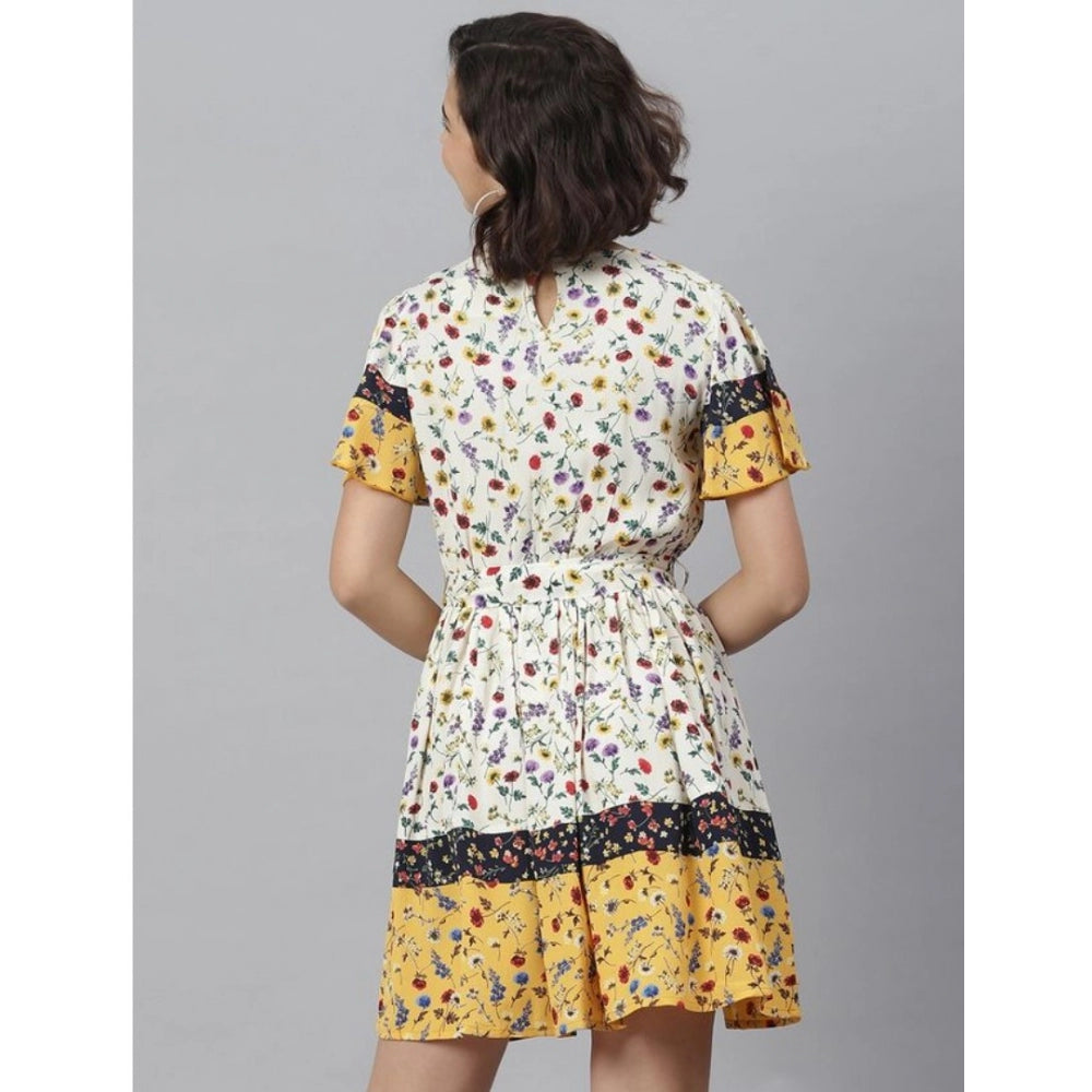 Amfyn Women's Polyester Floral Flutter Above Knee Dress (Multicolor)