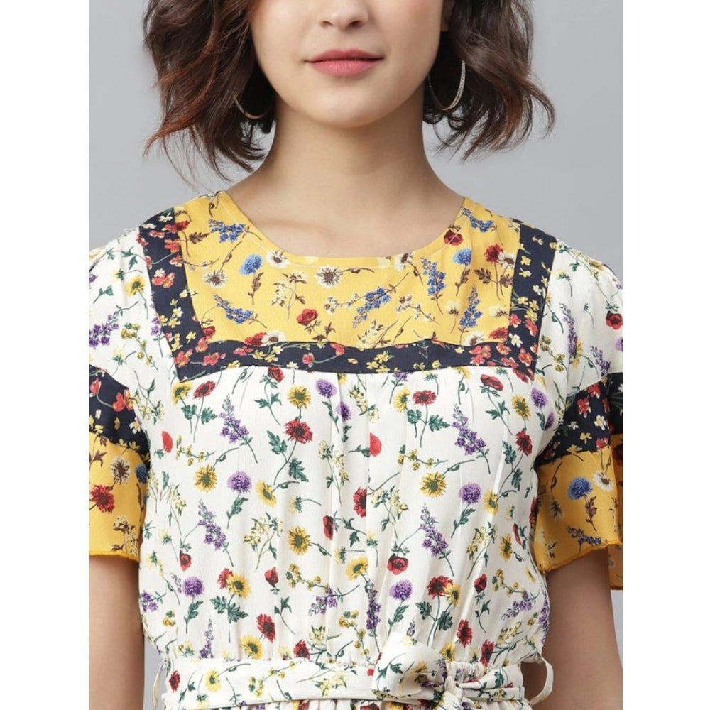 Amfyn Women's Polyester Floral Flutter Above Knee Dress (Multicolor)