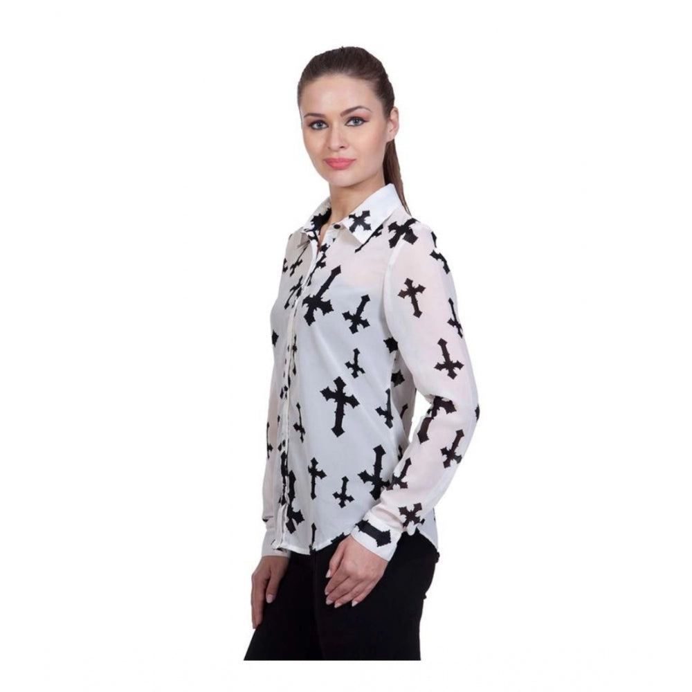 Amfyn Women's Polyester Printed Long Sleeves Standard Length Shirt (White)